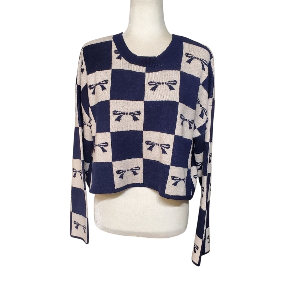 Sincerely Jules Cropped Sweater Womens XLarge Blue Bowknot Pattern Knit Top
